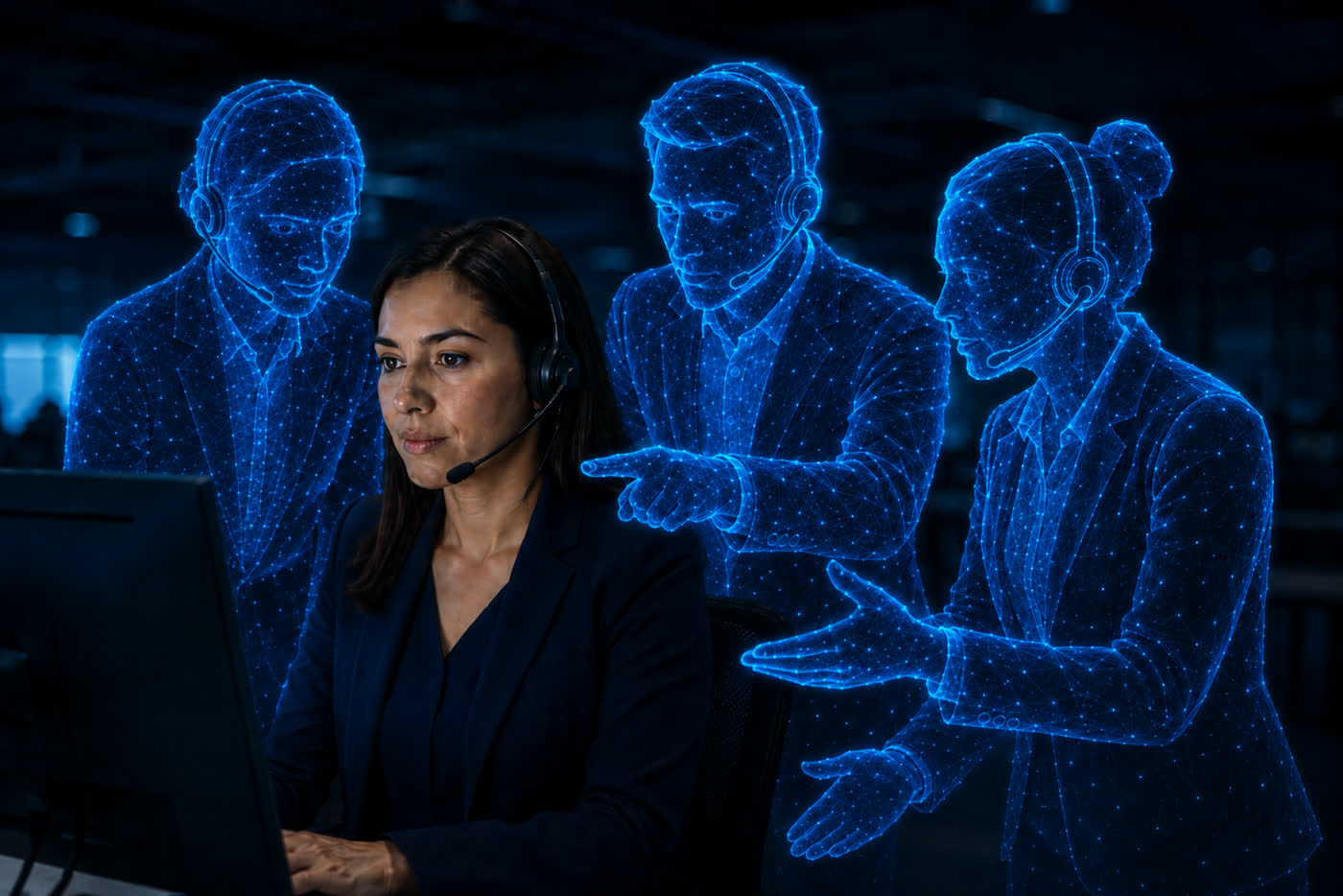 Agente de contact center trabajando acompañada por tres Agentes IA representados como hologramas