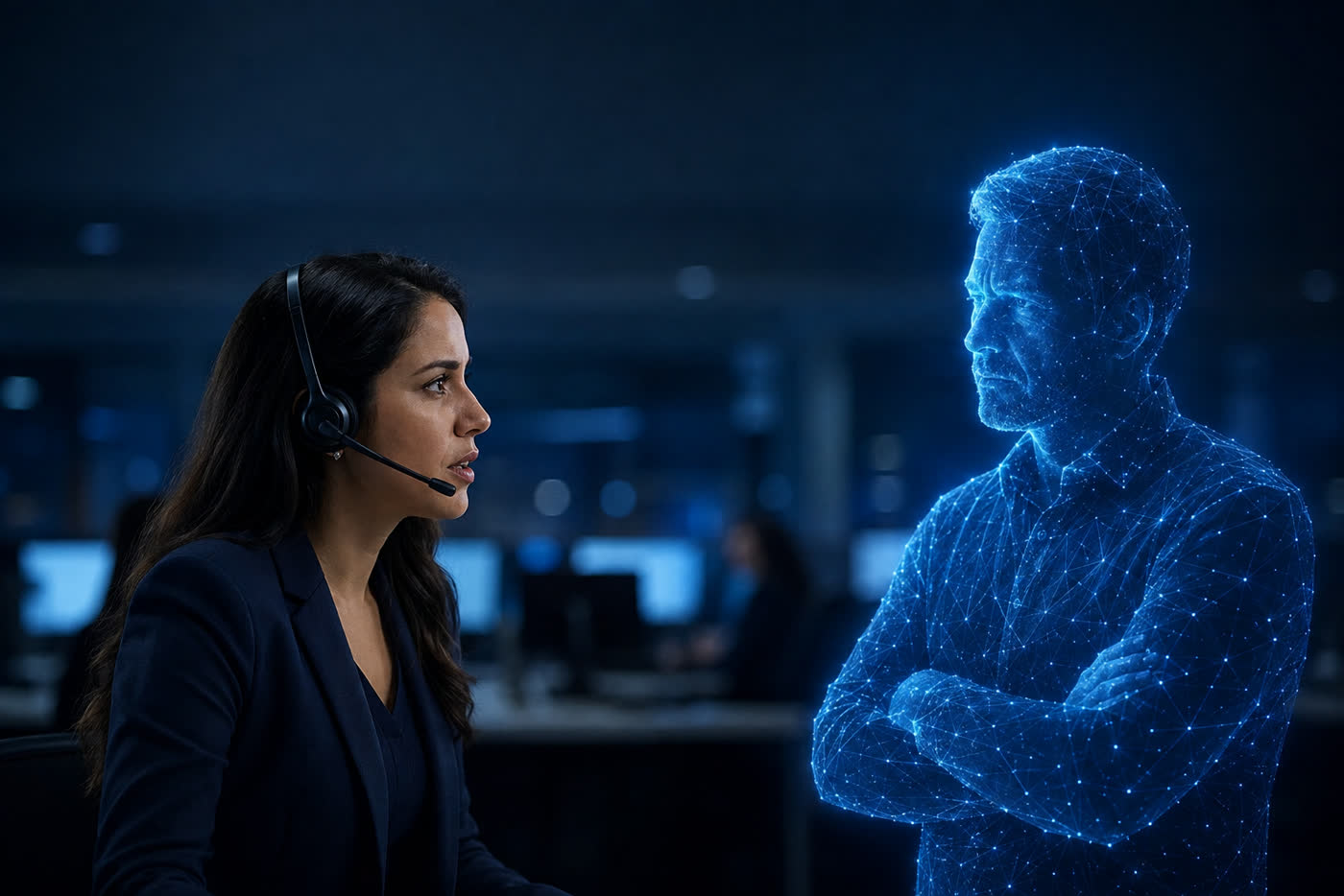 Asesora de contact center entrenando frente a un cliente simulado, representado como un holograma con los brazos cruzados