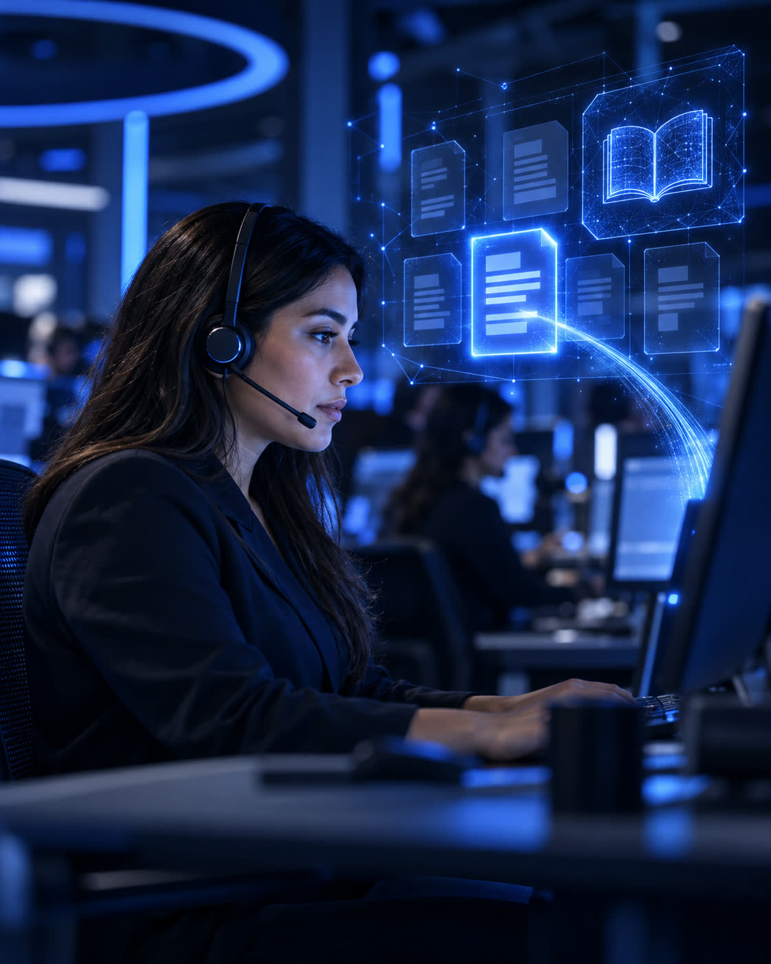 Asesora de contact center con auriculares frente a su pantalla, junto a manuales y documentos representados como hologramas
