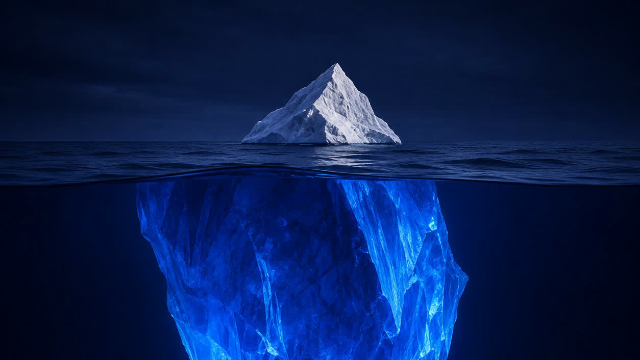 Iceberg con una punta pequeña sobre el agua y una masa enorme sumergida