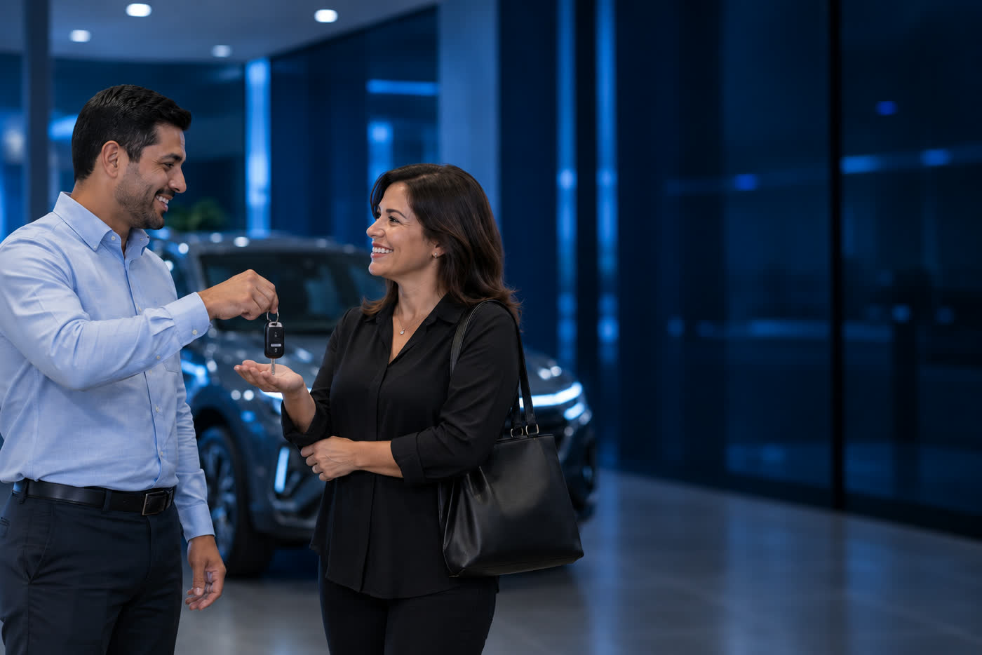 Asesor comercial entregándole las llaves de un auto nuevo a una clienta
