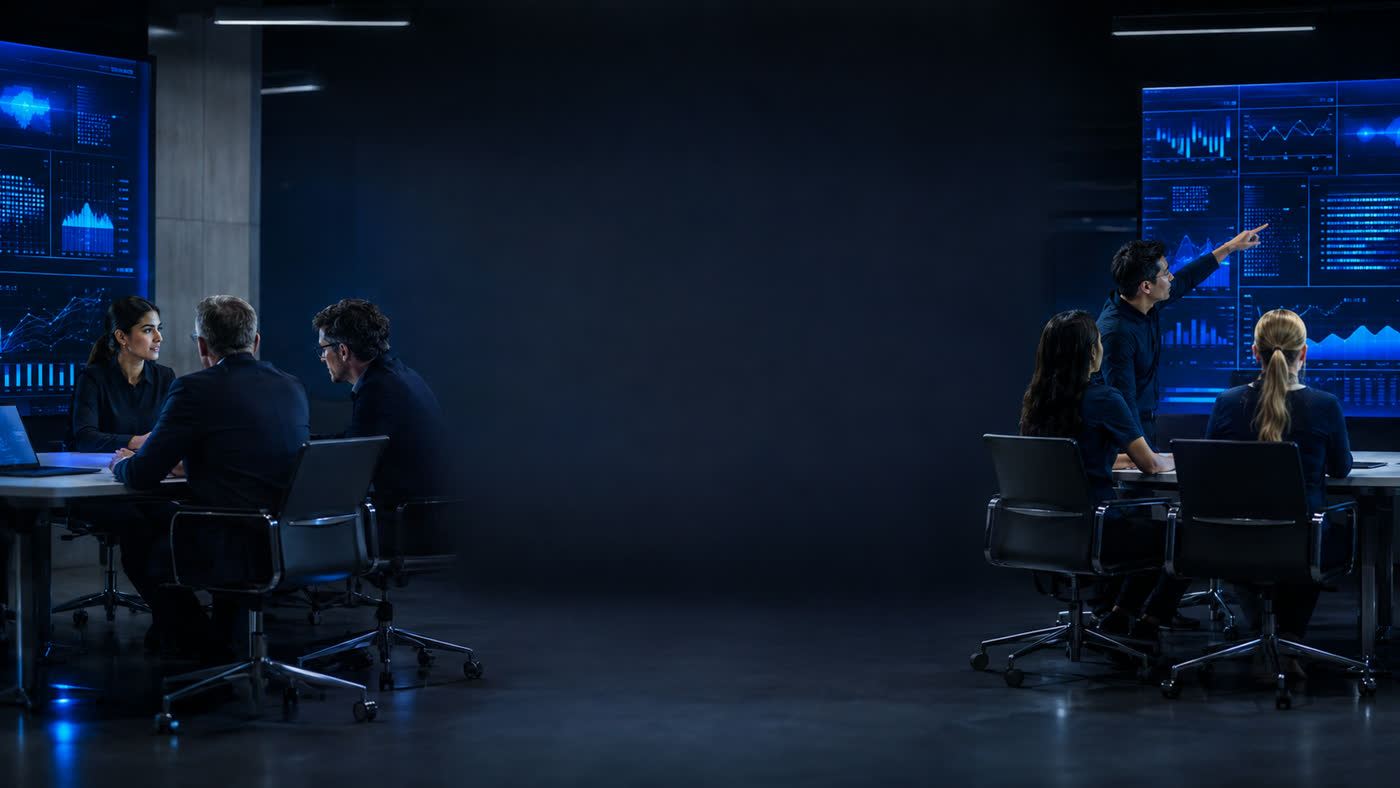 Dos equipos de trabajo reunidos frente a paneles de datos en una sala de reuniones