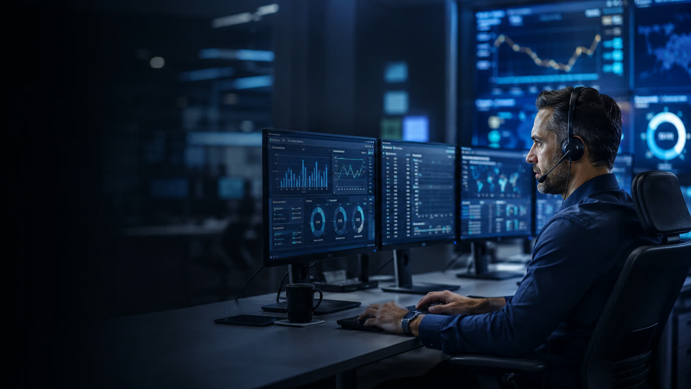 Imagen de fondo — supervisor/equipo de contact center (sujeto a la derecha)